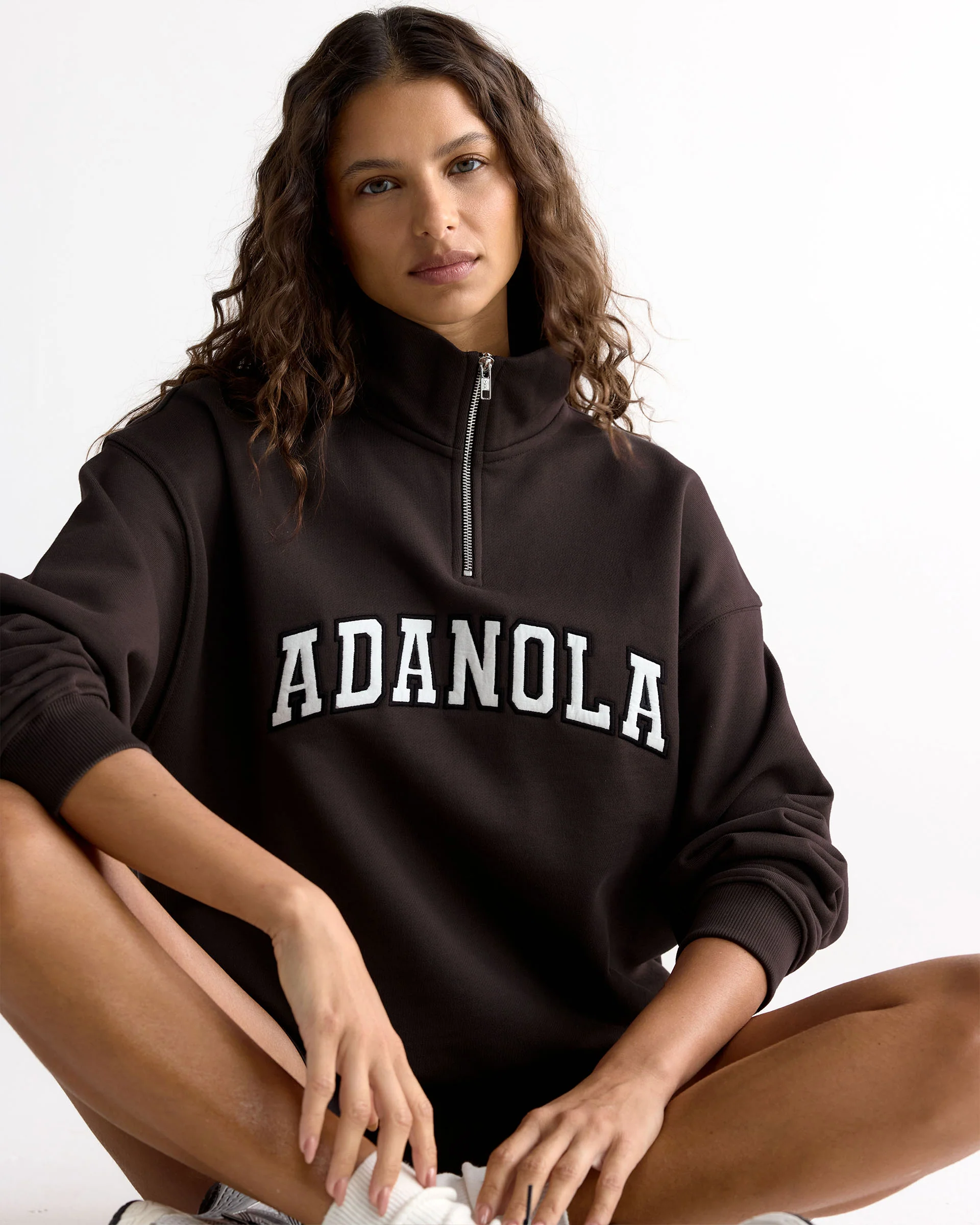 Adanola Varsity Relaxed Funnel Neck Zip Sweatshirt Coffee Bean / Marshmallow White