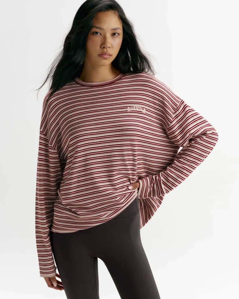 Adanola Varsity Knit Roll Hem Stripe Sweatshirt 'Damson Red'