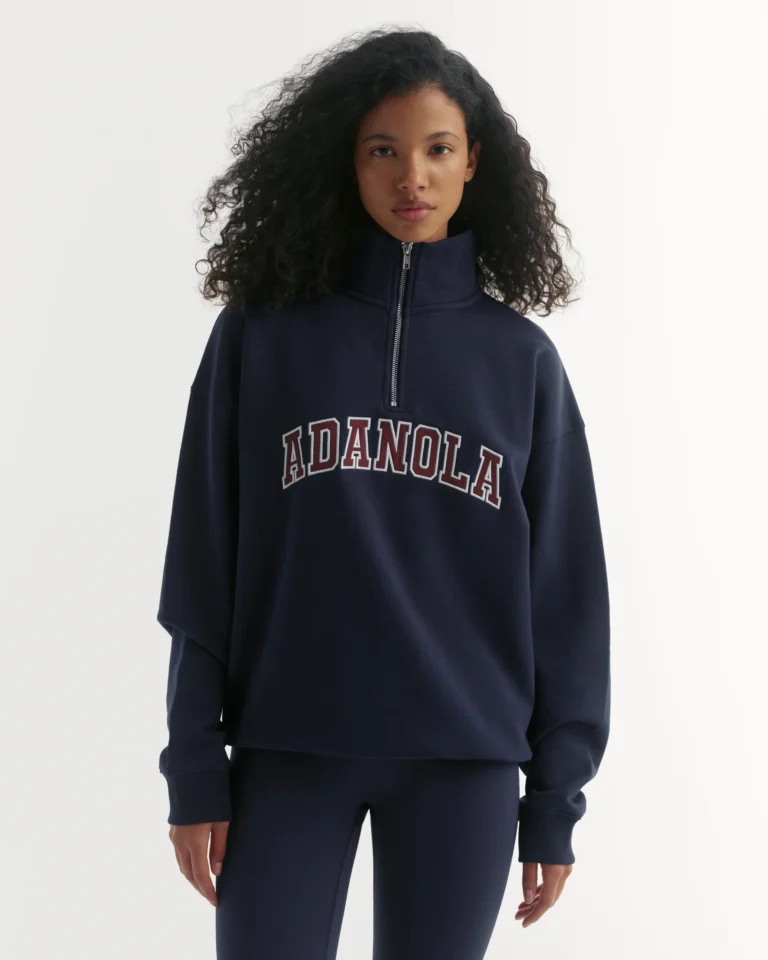 Adanola Varsity Relaxed Funnel Neck Zip Sweatshirt Navy Blue / Mulberry Red