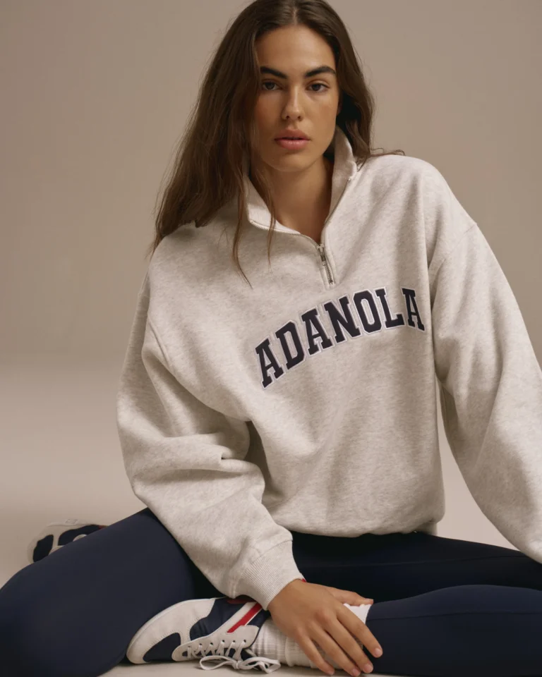 Adanola Varsity Relaxed Funnel Neck Zip Sweatshirt Light Grey Melange / Navy Blue